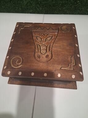 Vintage Hand Carved Wooden Trinket Box Tiki Mask Tribal Pattern Made in...